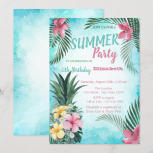 Palm Leaf, Flowers Pineapple Birthday Party Kaart