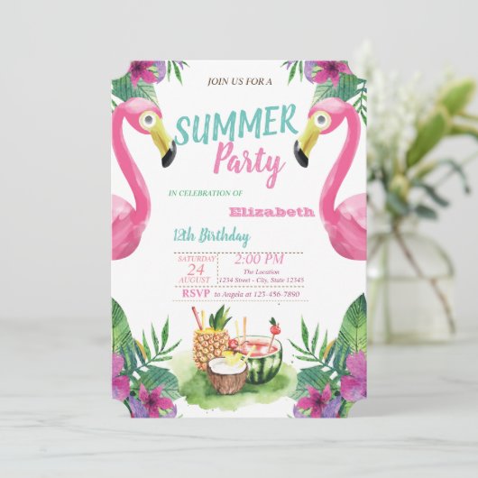 Palm Leaf, Fruits, Pink Flamingos Birthday Party Kaart (Staand voorkant)