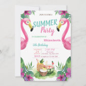 Palm Leaf, Fruits, Pink Flamingos Birthday Party Kaart (Voorkant)