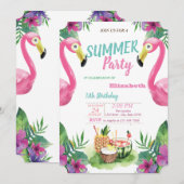 Palm Leaf, Fruits, Pink Flamingos Birthday Party Kaart (Voorkant / Achterkant)