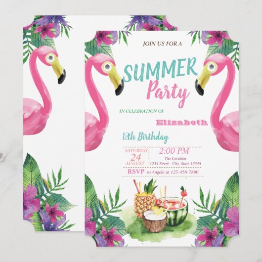 Palm Leaf, Fruits, Pink Flamingos Birthday Party Kaart (Voorkant / Achterkant)
