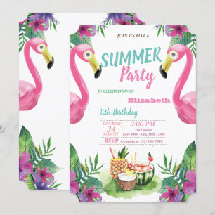 Palm Leaf, Fruits, Pink Flamingos Birthday Party Kaart