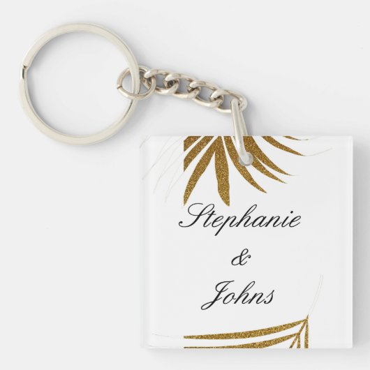 Palm Leaf Gold Glitter Custom Couple Name Tropical Sleutelhanger (voorkant)