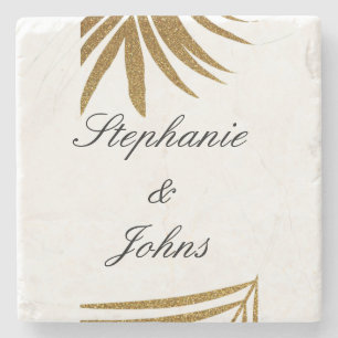 Palm Leaf Gold Glitter Custom Couple Name Tropical Stenen Onderzetter