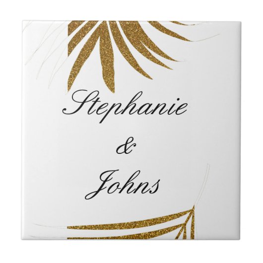 Palm Leaf Gold Glitter Custom Couple Name Tropical Tegeltje (Voorkant)