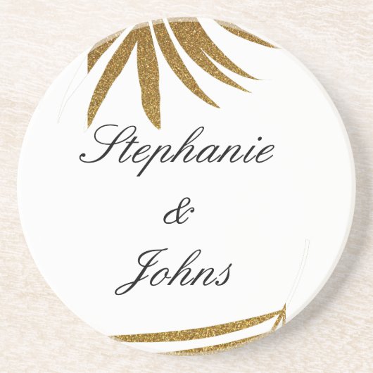 Palm Leaf Gold Glitter Custom Couple Name Tropical Zandsteen Onderzetter (Voorkant)