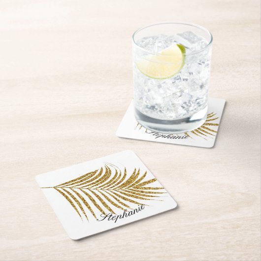 Palm Leaf Gold Glitter Custom Naam Schattige Trend Kartonnen Onderzetters (Insitu)