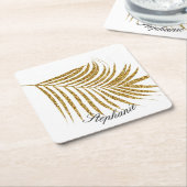 Palm Leaf Gold Glitter Custom Naam Schattige Trend Kartonnen Onderzetters (Schuin)