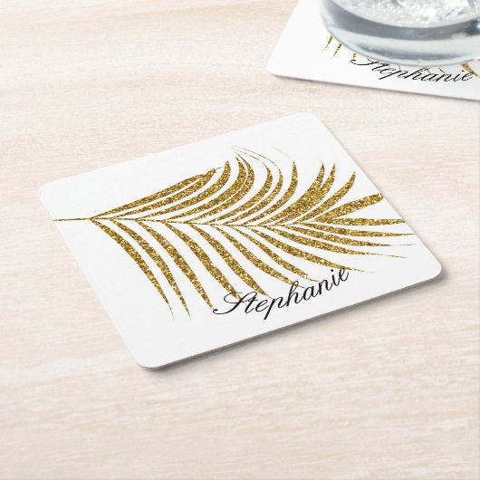 Palm Leaf Gold Glitter Custom Naam Schattige Trend Kartonnen Onderzetters (Schuin)