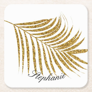 Palm Leaf Gold Glitter Custom Naam Schattige Trend Kartonnen Onderzetters