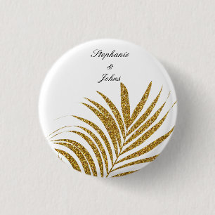 Palm Leaf Gold Glitter Custom Name Trendy Bruiloft Ronde Button 3,2 Cm
