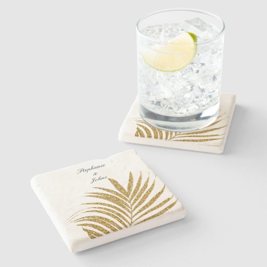 Palm Leaf Gold Glitter Custom Name Wedding Gift Stenen Onderzetter (Zijkant)