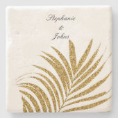 Palm Leaf Gold Glitter Custom Name Wedding Gift Stenen Onderzetter (Voorkant)