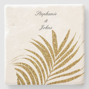 Palm Leaf Gold Glitter Custom Name Wedding Gift Stenen Onderzetter