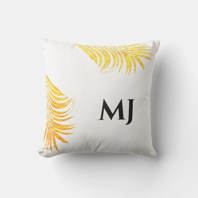 Palm Leaf Gold White Tropical Mnogram Initialen Buitenkussen (Voorkant)