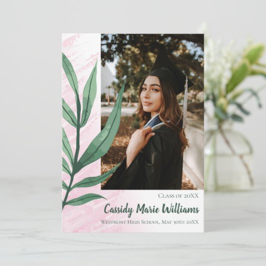 Palm Leaf Green Pink Plant Afstuderen Aankondiging (Staand voorkant)