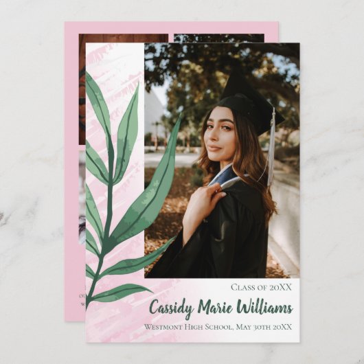 Palm Leaf Green Pink Plant Afstuderen Aankondiging (Voorkant / Achterkant)