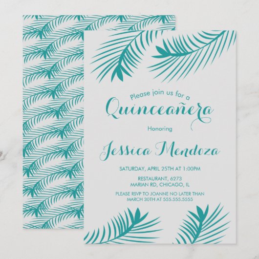Palm Leaf Greenery Quinceañera Sweet 16 Kaart (Voorkant / Achterkant)