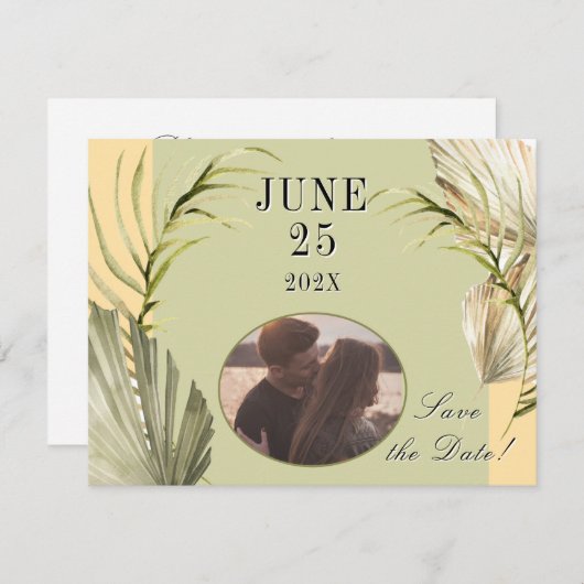 Palm Leaf Greenery Save the Date Briefkaart (Voorkant / Achterkant)
