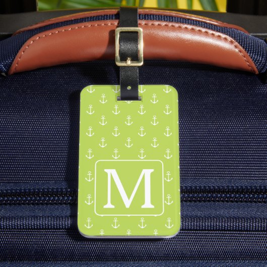Palm Leaf Groen en Witte Ankers Monogram Bagagelabel (Voorkant Insitu 2)