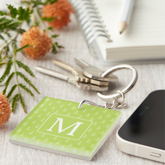 Palm Leaf Groen en Witte Ankers Monogram Sleutelhanger (Voorkant Rechts)