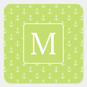 Palm Leaf Groen en Witte Ankers Monogram Vierkante Sticker
