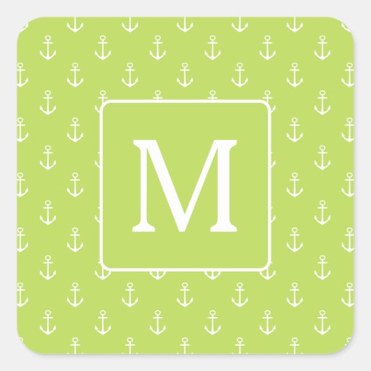 Palm Leaf Groen en Witte Ankers Monogram Vierkante Sticker (Voorkant)