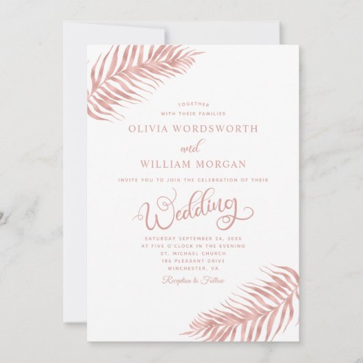 Palm Leaf Modern Roos Gold White Wedding Kaart (Voorkant)