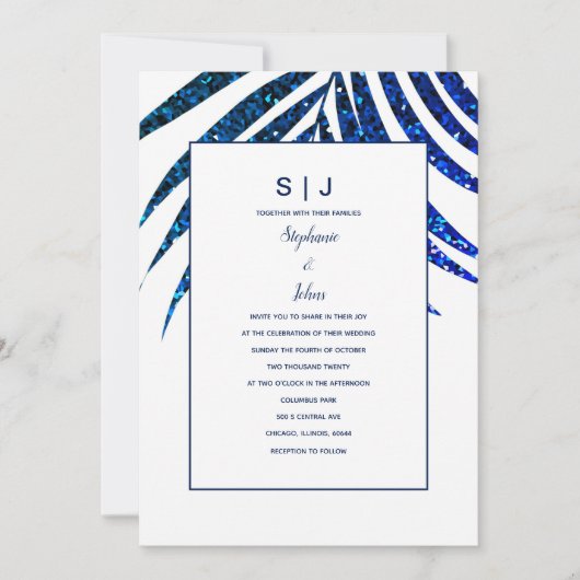 Palm Leaf Navy Blue Glitter Tropische bruiloft Kaart (Voorkant)