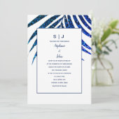 Palm Leaf Navy Blue Glitter Tropische bruiloft Kaart (Staand voorkant)