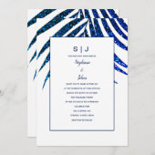Palm Leaf Navy Blue Glitter Tropische bruiloft Kaart (Voorkant / Achterkant)