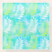 Palm Leaf Pattern on Caribbean Blue Tropical Glazen Onderzetter (Voorkant)