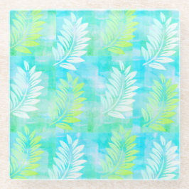 Palm Leaf Pattern on Caribbean Blue Tropical Glazen Onderzetter