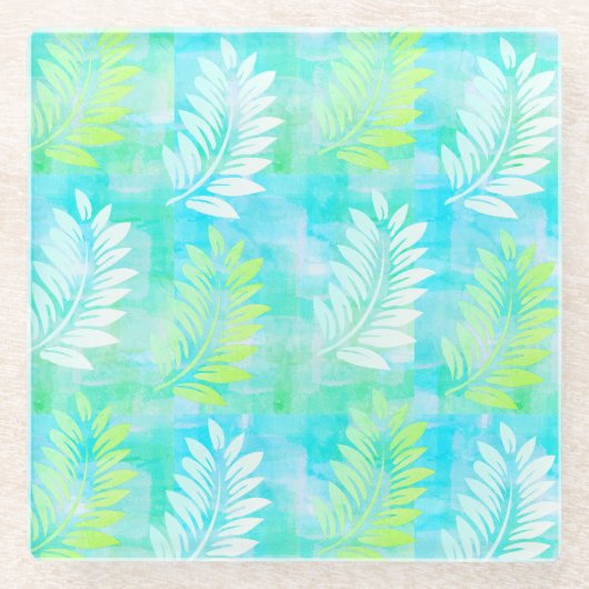 Palm Leaf Pattern on Caribbean Blue Tropical Glazen Onderzetter (Voorkant)