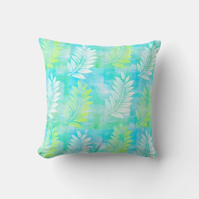 Palm Leaf Pattern on Caribbean Blue Tropical Kussen (Voorkant)