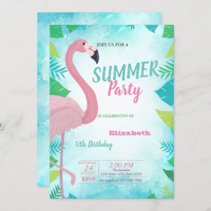 Palm Leaf, Pink Flamingo, Summer Birthday Party Kaart