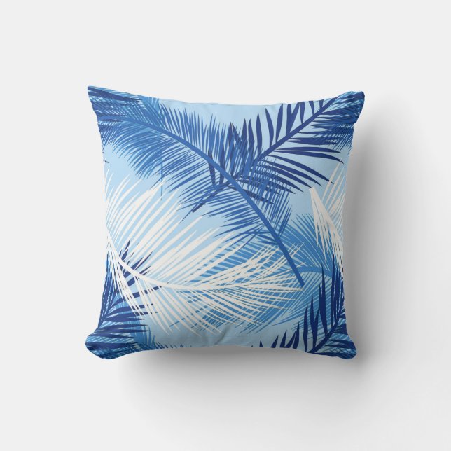 Palm Leaf Print, Cobalt, White en Sky Blue Buitenkussen (Voorkant)