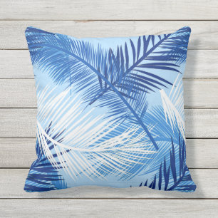 Palm Leaf Print, Cobalt, White en Sky Blue Buitenkussen