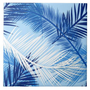 Palm Leaf Print, Cobalt, White en Sky Blue Tegeltje