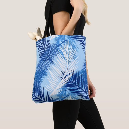 Palm Leaf Print, Cobalt, White en Sky Blue Tote Bag (Dichtbij)