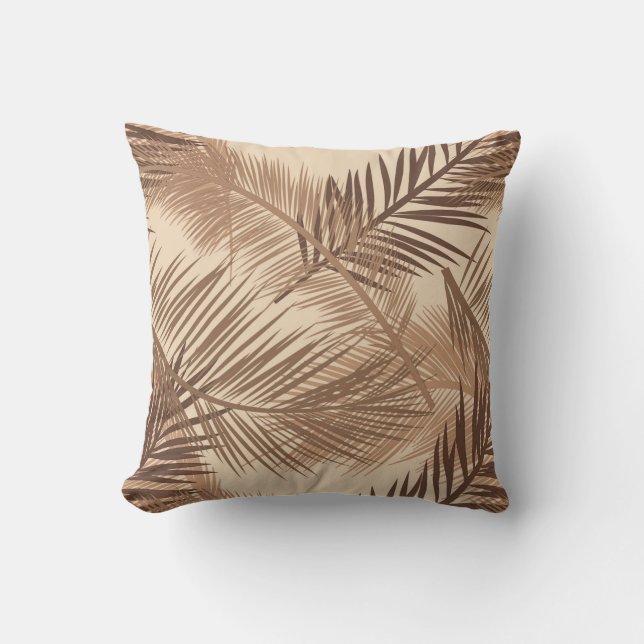 Palm Leaf Print, Dark Brown, Tan en Beige Buitenkussen (Voorkant)