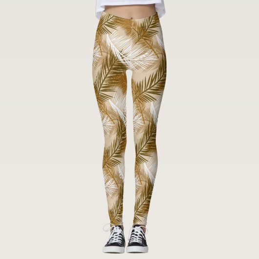 Palm Leaf Print, Donkerbruin, Tan en beige Leggings (Voorkant)