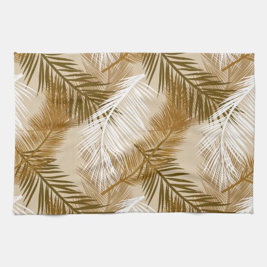 Palm Leaf Print, Donkerbruin, Tan en beige Theedoek (Horizontaal)