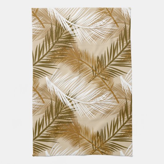 Palm Leaf Print, Donkerbruin, Tan en beige Theedoek (Verticaal)