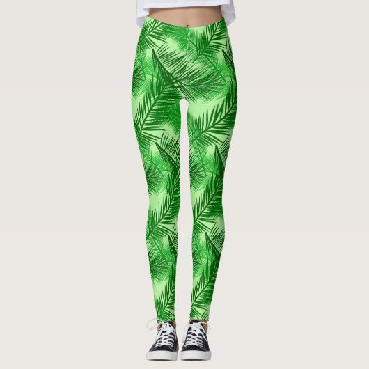Palm Leaf Print, Emerald and Light Lime Green Leggings (Voorkant)