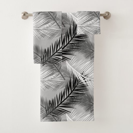 Palm Leaf Print, Grey / Grey, Black and White Bad Handdoek (Insitu)