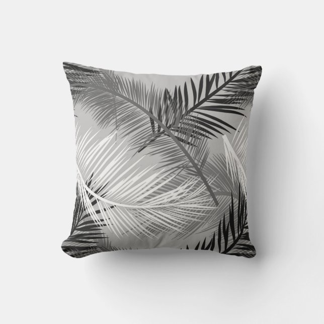 Palm Leaf Print, Grey / Grey, Black and White Buitenkussen (Voorkant)