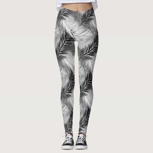 Palm Leaf Print, Grey / Grey, Black and White Leggings (Voorkant)