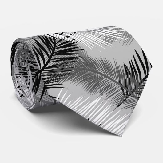 Palm Leaf Print, Grey / Grey, Black and White Stropdas (Opgerold)