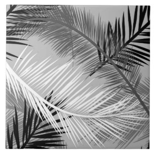 Palm Leaf Print, Grey / Grey, Black and White Tegeltje